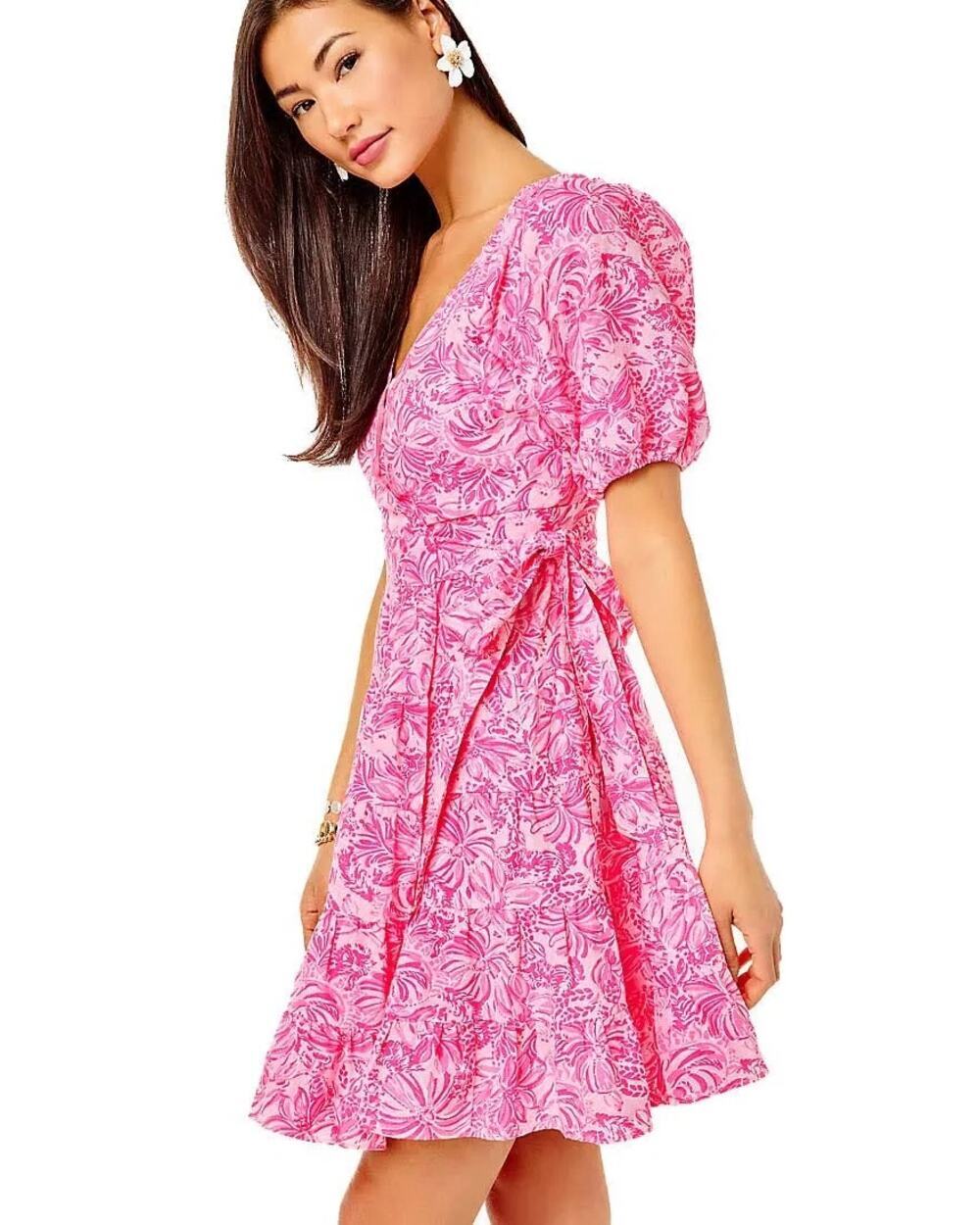 Lilly Pulitzer Iralee Short Sleeve 100% Linen Wrap Dress Size 14 Pink Blossom